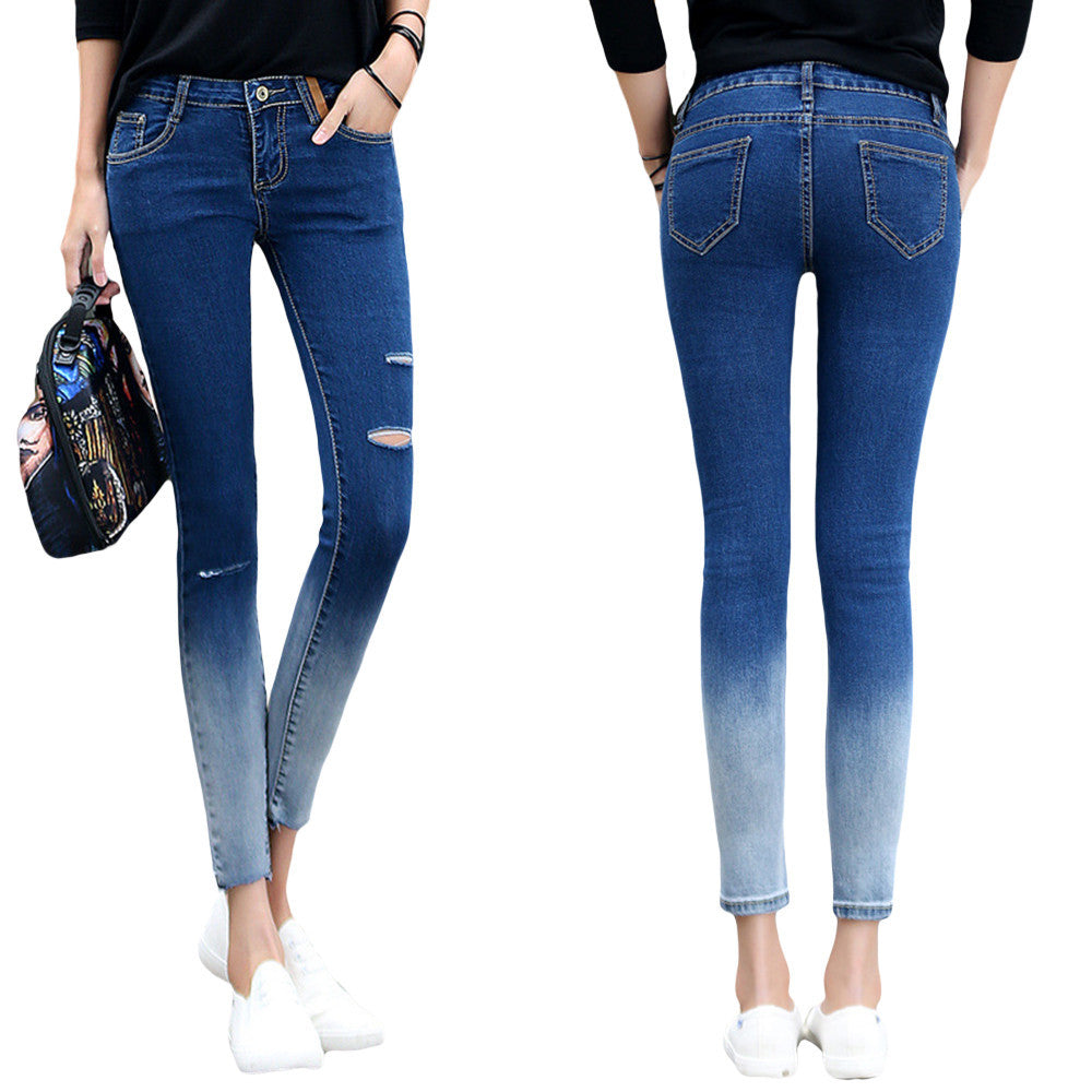 2016 Hot Sale Women Jeans Skinny Hole Ripped Pencil Pants Casual Mid-waist Elastic Femme Denim Pants Korean Style Lady Trousers