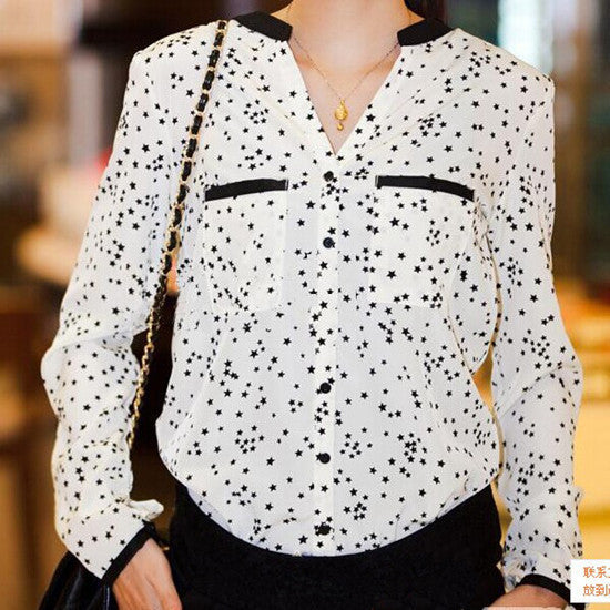 Free Shipping 2015 New Summer European Style Blouse Chiffon Leopard & Stars Blouse Drop Shipping Stand Blouse