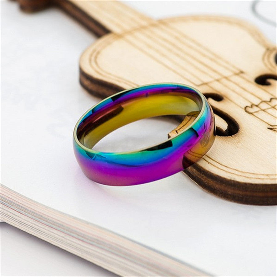 Classic Rainbow Colorful Ring Titanium Steel Wedding Band Ring Width 6mm Size 6-11 Gift for Men Women