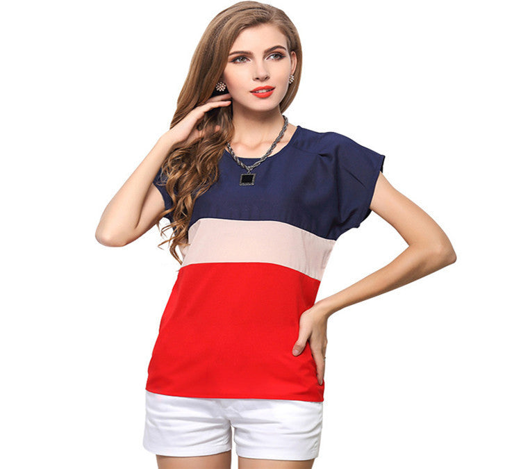 Free Shipping 2016 New Women Summer T-shirt Fashion Short Sleeve O-neck Chiffon Tops Casual Slim Fit Patchwork Female Tee