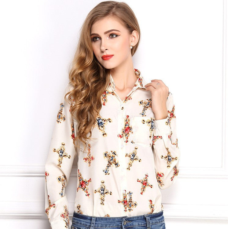Free Shipping 2015 New Arrival Turn-down Collar Female Printed Cross Pattern Temperament Long Sleeved Shirt Chiffon Blouse