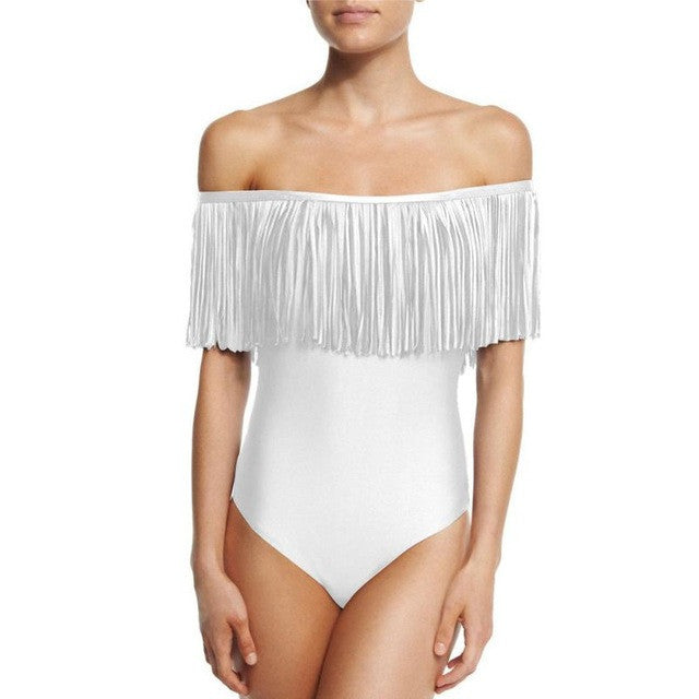 Dropshipping sexy women 2017 Off Shoulder Tassel Brazilian Bikini Swimsuit Bathing Suit Solid Swimwear Jumpsuit wholesale #EW