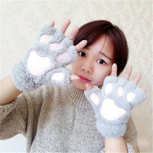 Cute Bear Paw Plush Gloves Winter Warm  Knitted  Gloves High Quality Half Finger  Cartoon Glove For Girl and Women Gift