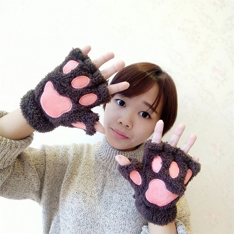 Cute Bear Paw Plush Gloves Winter Warm  Knitted  Gloves High Quality Half Finger  Cartoon Glove For Girl and Women Gift