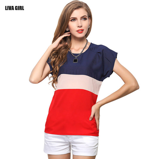 Free Shipping 2016 New Women Summer T-shirt Fashion Short Sleeve O-neck Chiffon Tops Casual Slim Fit Patchwork Female Tee