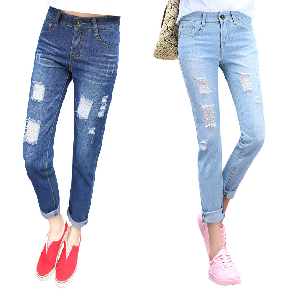 Free Shipping Fashion Women Jeans Loose Ankle-Length Ripped Hole Harem Denim Pants Korean Style Casual Mid-Waist Femme Trousers