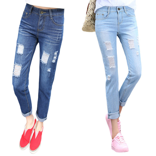Free Shipping Fashion Women Jeans Loose Ankle-Length Ripped Hole Harem Denim Pants Korean Style Casual Mid-Waist Femme Trousers