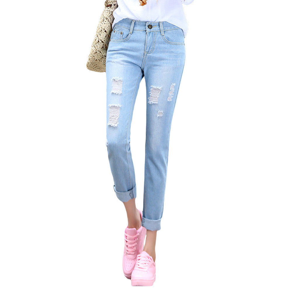 Free Shipping Fashion Women Jeans Loose Ankle-Length Ripped Hole Harem Denim Pants Korean Style Casual Mid-Waist Femme Trousers