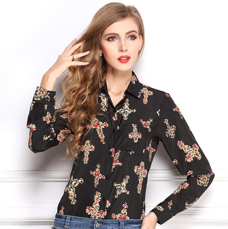 Free Shipping 2015 New Arrival Turn-down Collar Female Printed Cross Pattern Temperament Long Sleeved Shirt Chiffon Blouse
