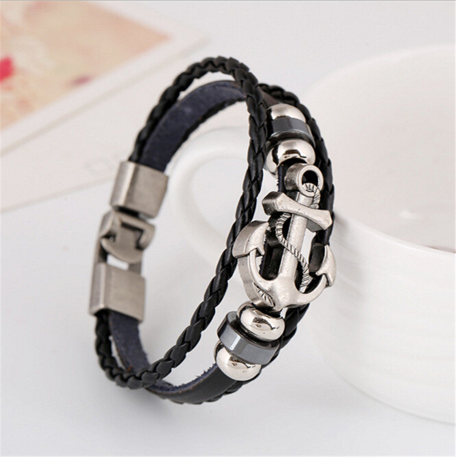Fashion Punk Style Leather Bracelet Anchor Shape Leather Bracelets For Women Men Jewelry 3 Colors Wholesale Retail