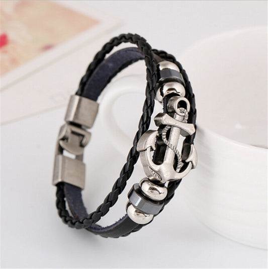 Fashion Punk Style Leather Bracelet Anchor Shape Leather Bracelets For Women Men Jewelry 3 Colors Wholesale Retail