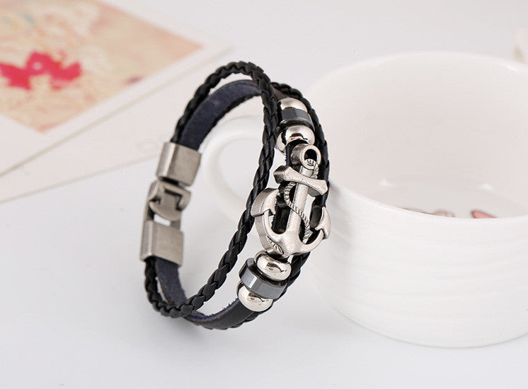 Fashion Punk Style Leather Bracelet Anchor Shape Leather Bracelets For Women Men Jewelry 3 Colors Wholesale Retail
