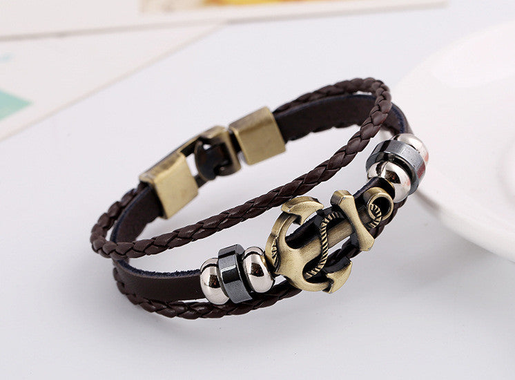 Fashion Punk Style Leather Bracelet Anchor Shape Leather Bracelets For Women Men Jewelry 3 Colors Wholesale Retail