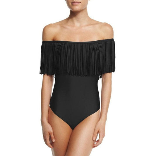 Dropshipping sexy women 2017 Off Shoulder Tassel Brazilian Bikini Swimsuit Bathing Suit Solid Swimwear Jumpsuit wholesale #EW